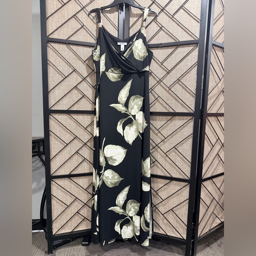 *NWOT* WHBM Black Maxi Dress with Pale Green Leaf Print - L